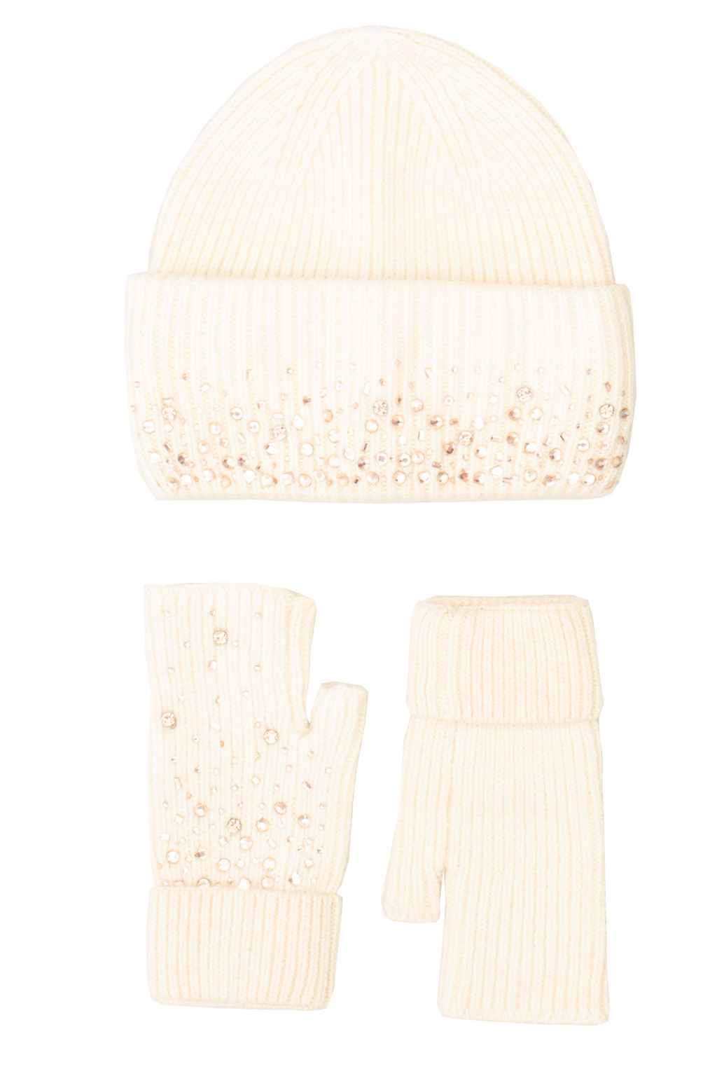 CAPPELLO + GUANTO MAGLIA CON STRASS, 35%ANGORA 65 %VI, MADE IN PRC   - ECRU